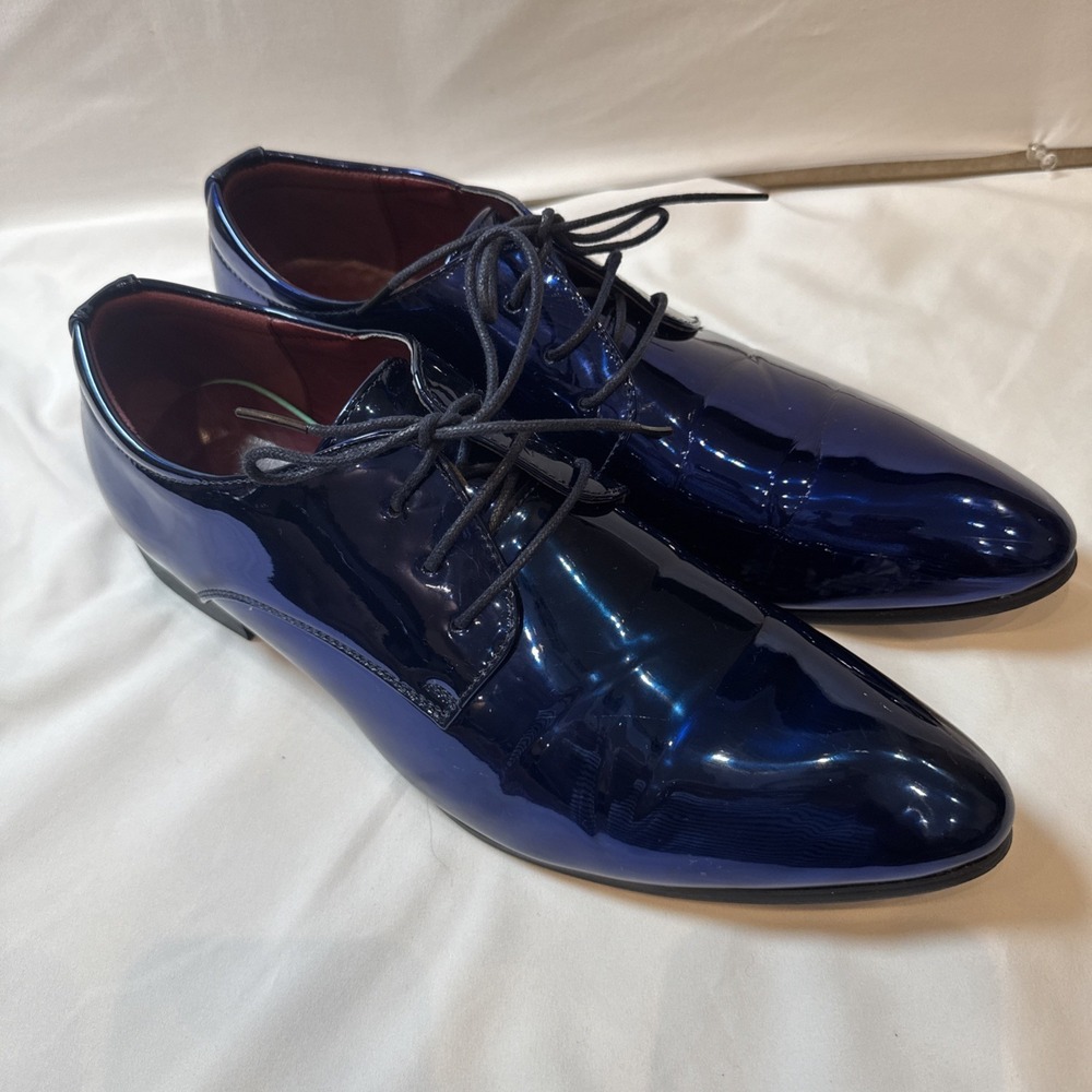 Men's Metallic Cobalt Blue Patent Leather Derby Dress Shoes EU46US12 Lace Up - Picture 2 of 16